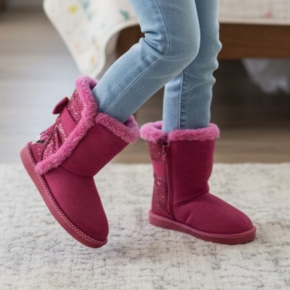 DISNEY Minnie Mouse Girls Pink Glitter Suede Sherpa Boots - Size: 10T